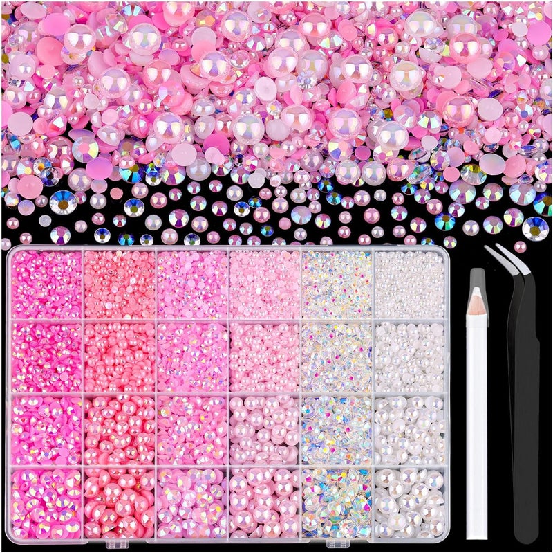 TINKRSTUFF 9000PCS Flatback Pearls and Pink Rhinestones for Bedazzling Kit, Pink White Mixed Size 3-8mm Resin Rhinestones and Half Pearls Gems for Crafting, Nail Art and Grad Cap Decoration - Image 1